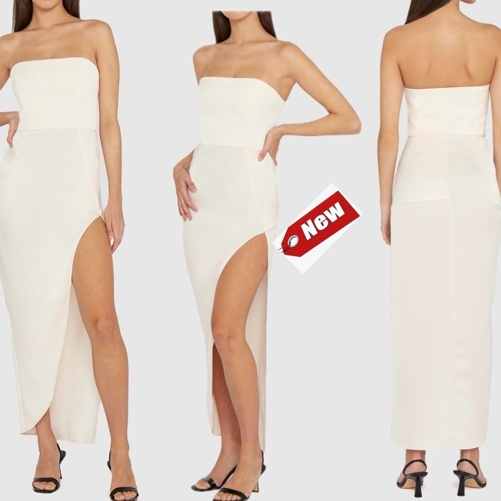 BY JOHNNY. The Lotus Strapless midi Dress light cream slit Sz AU12/US8 NWT